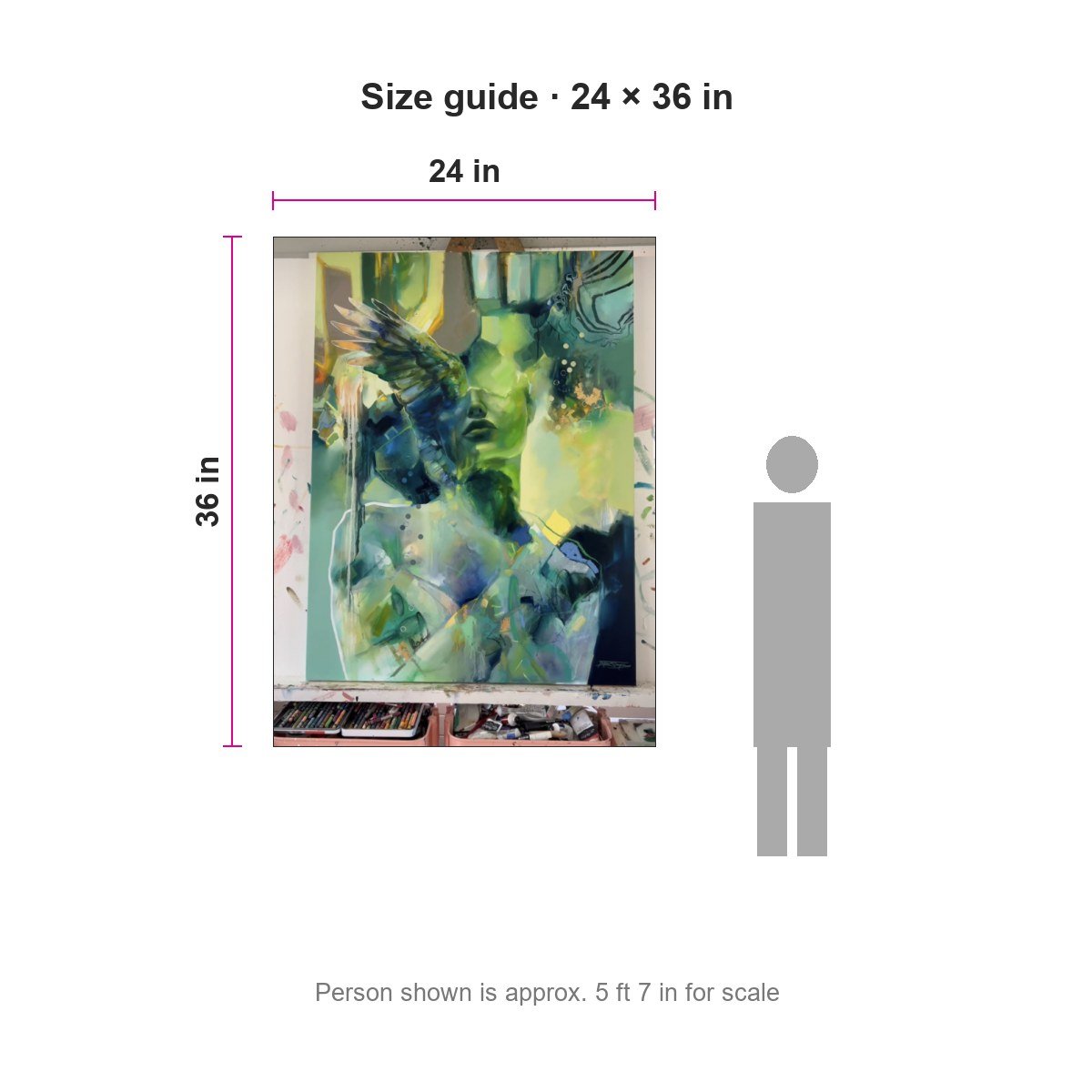 Size guide showing the print next to a person for scale