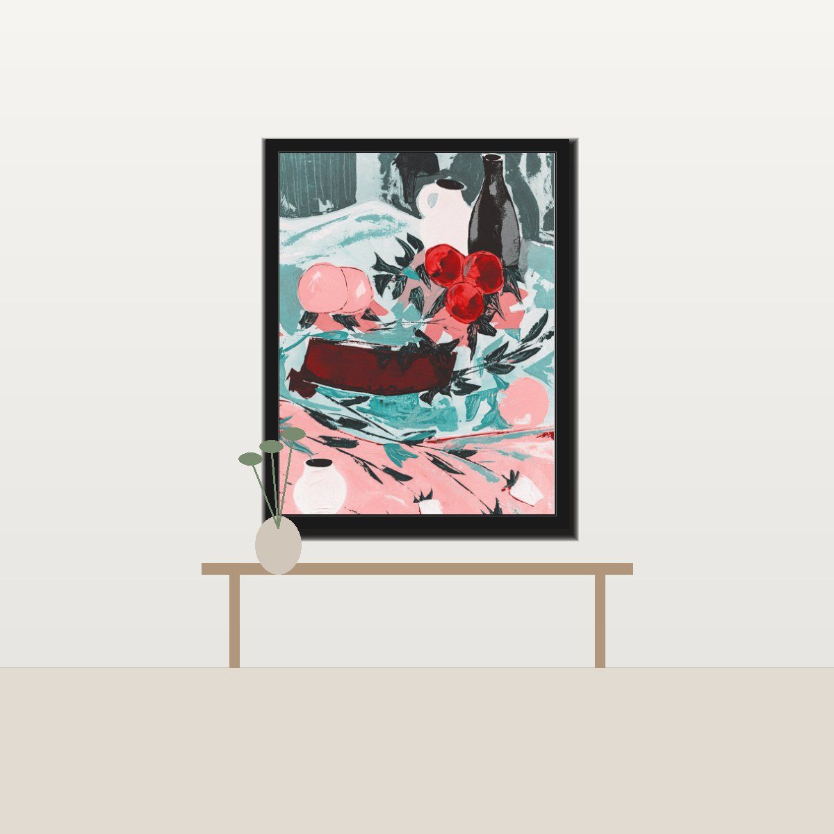Pomegranate Still Life — Fine Art Print framed on a living room wall