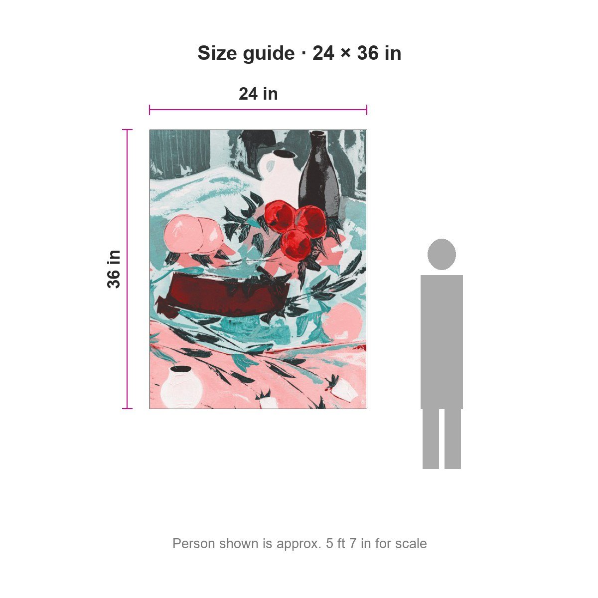 Size guide showing the print next to a person for scale