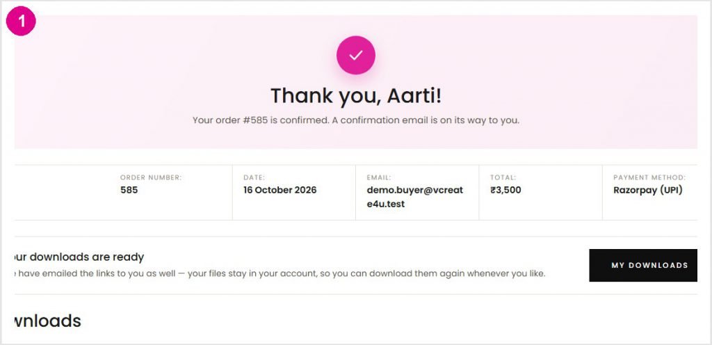 Order confirmation page showing the download button